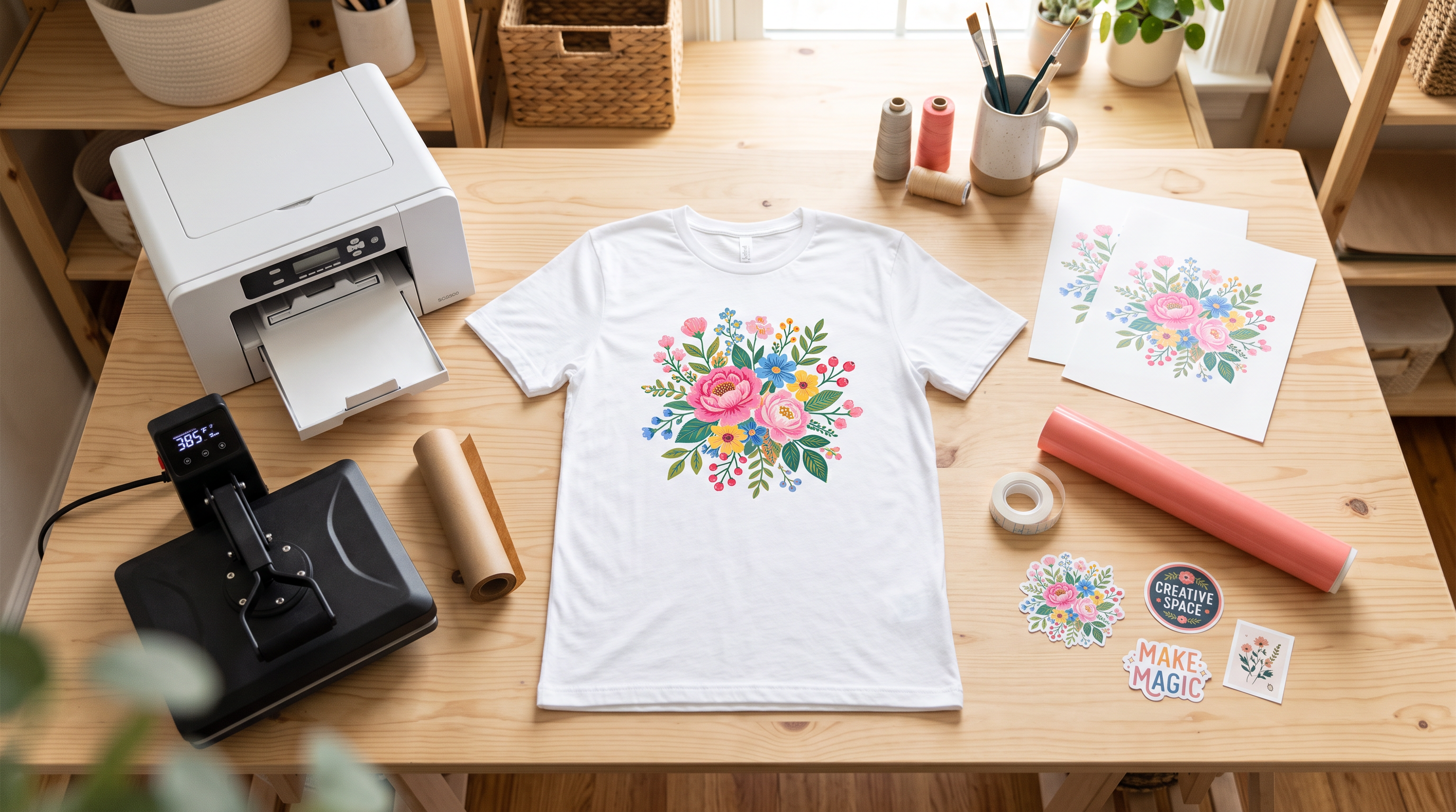 Craft studio flat lay with a sublimation printer, heat press, printed cotton t-shirt, transfer paper, vinyl and stickers