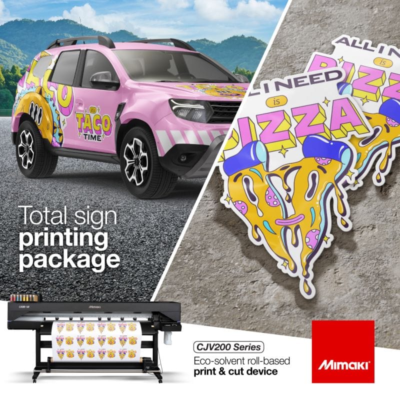Mimaki CJV200 Series eco-solvent roll-based print & cut device.